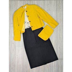 Vintage Laura Scott Skirt Suit Mustard Yellow Cropped Blazer and Black Skirt Sz